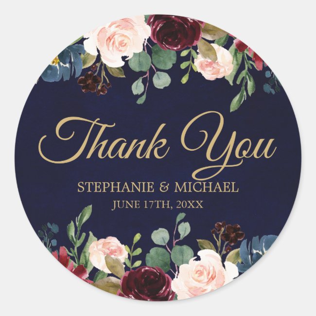 Burgundy Red Navy Floral Rustic Boho Thank You Classic Round Sticker