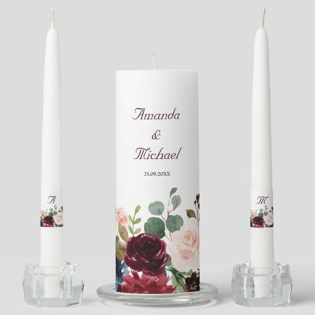 Burgundy Red Navy Floral Rustic Boho Unity Candle (Front)