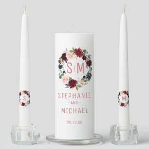 Burgundy Red Navy Floral Rustic Boho Unity Candle