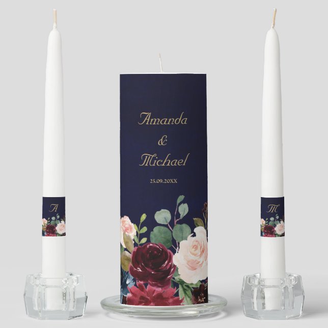 Burgundy Red Navy Floral Rustic Boho Unity Candle (Front)