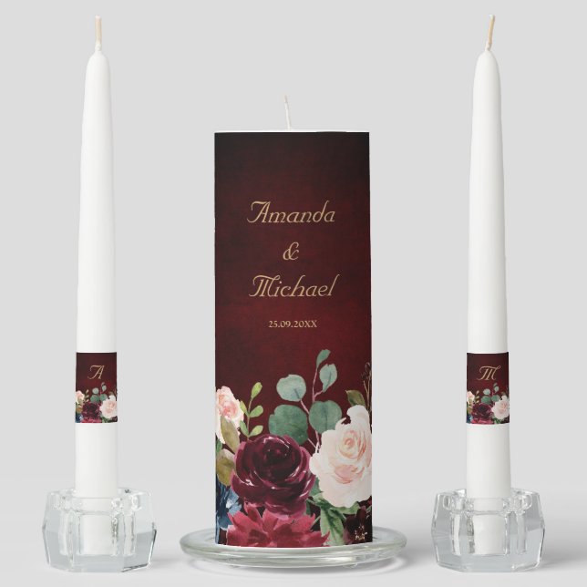 Burgundy Red Navy Floral Rustic Boho Unity Candle (Front)