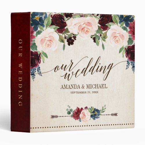 Burgundy Red Navy Floral Rustic Boho Wedding Album 3 Ring Binder