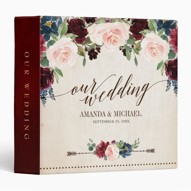 Burgundy Red Navy Floral Rustic Boho Wedding Album 3 Ring Binder (Front/Spine)