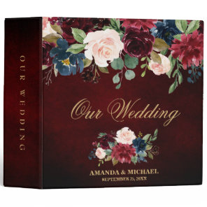 Burgundy Red Navy Floral Rustic Boho Wedding Album 3 Ring Binder