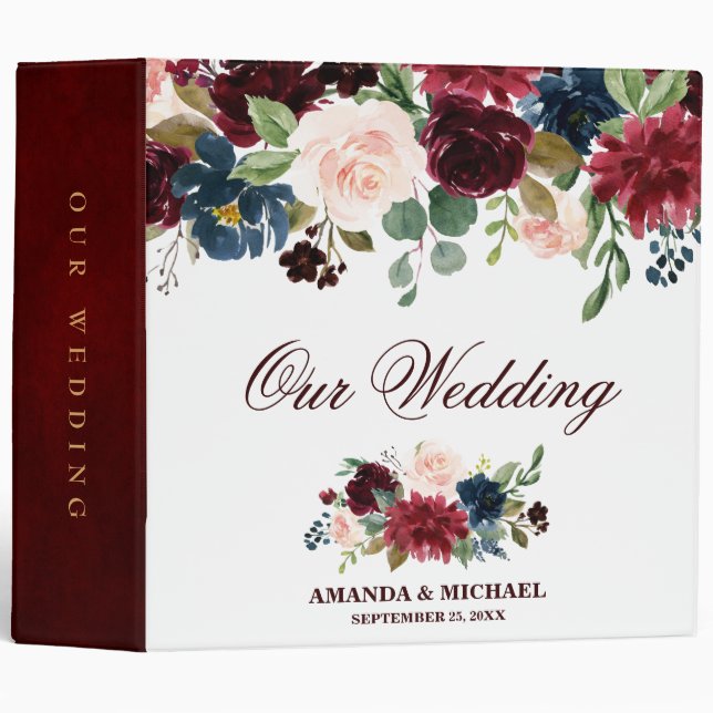Burgundy Red Navy Floral Rustic Boho Wedding Album Binder (Front/Spine)