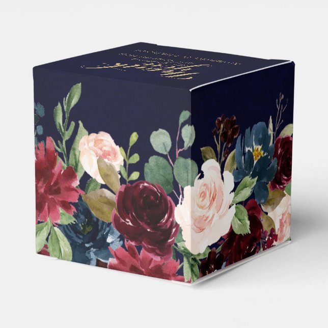 Burgundy Red Navy Floral Rustic Boho Wedding Favor Boxes (Back Side)