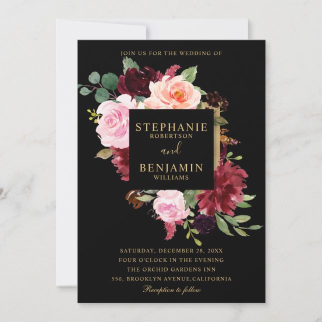 Burgundy Red Navy Floral Rustic Boho Wedding Invitation (Front)