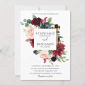Burgundy Red Navy Floral Rustic Boho Wedding Invitation (Front)