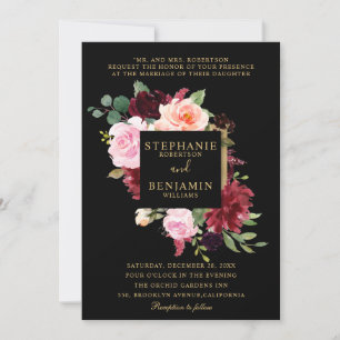 Burgundy Red Navy Floral Rustic Boho Wedding Invitation