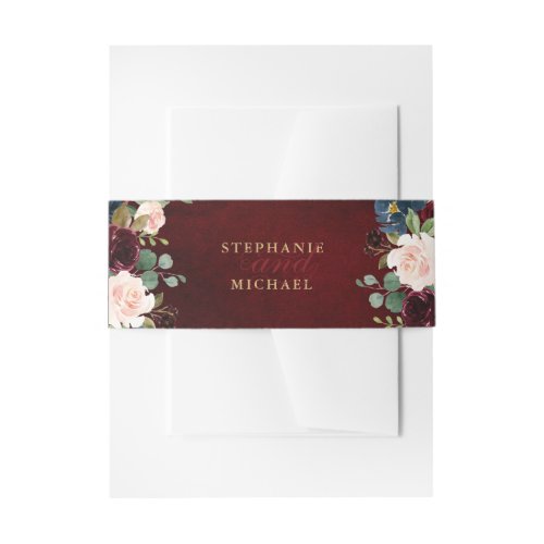 Burgundy Red Navy Floral Rustic Boho Wedding Invitation Belly Band