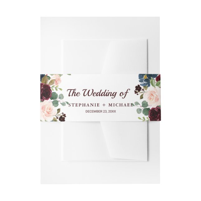 Burgundy Red Navy Floral Rustic Boho Wedding Invitation Belly Band (Front Example)
