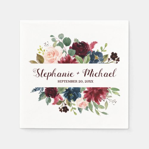 Burgundy Red Navy Floral Rustic Boho Wedding Napkins