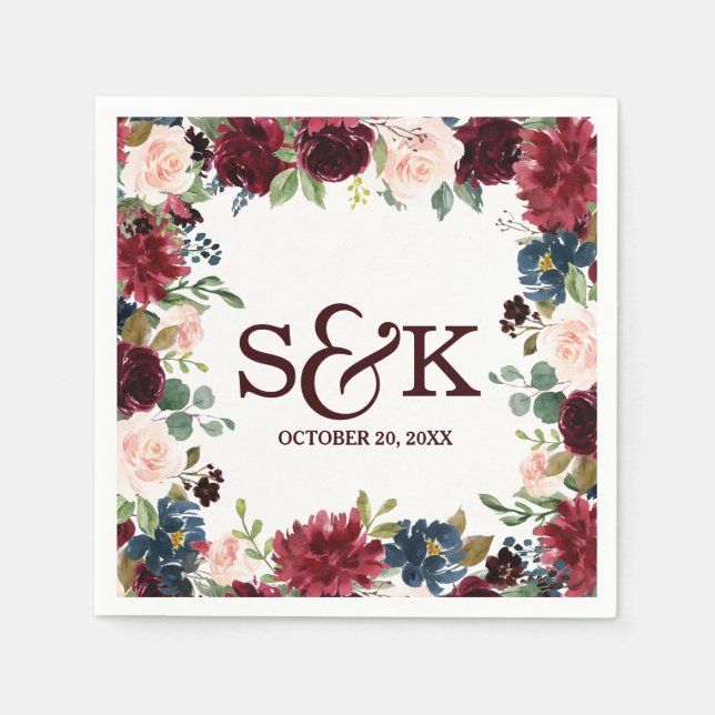 Burgundy Red Navy Floral Rustic Boho Wedding Napkins (Front)