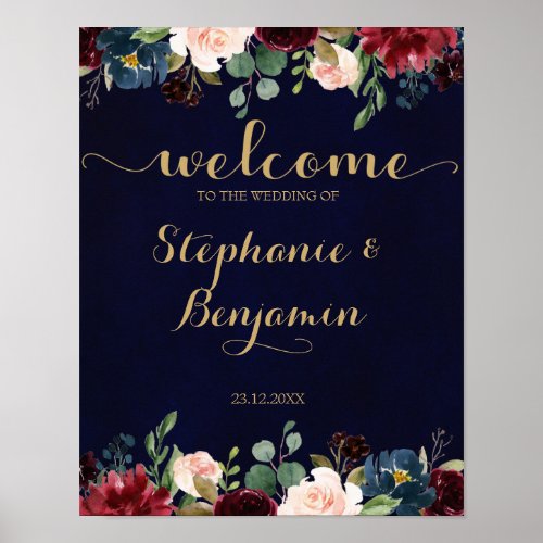 Burgundy Red Navy Floral Rustic Boho Wedding Sign