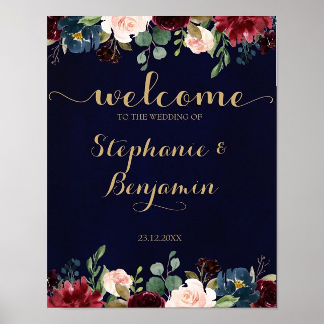 Burgundy Red Navy Floral Rustic Boho Wedding Sign (Front)