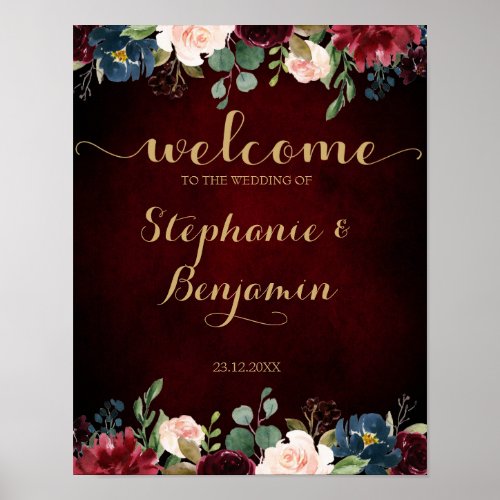 Burgundy Red Navy Floral Rustic Boho Wedding Sign