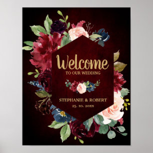 Burgundy Red Navy Floral Rustic Boho Wedding Sign