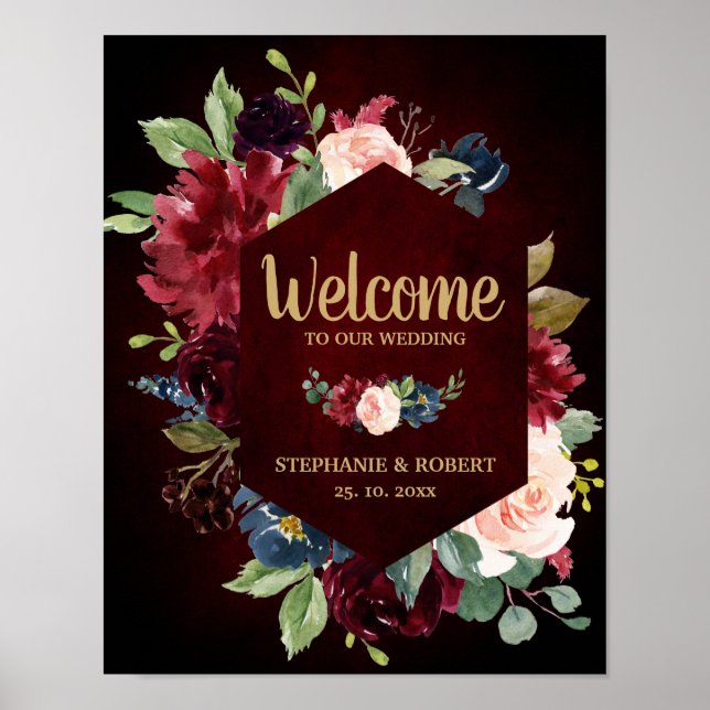 Burgundy Red Navy Floral Rustic Boho Wedding Sign (Front)