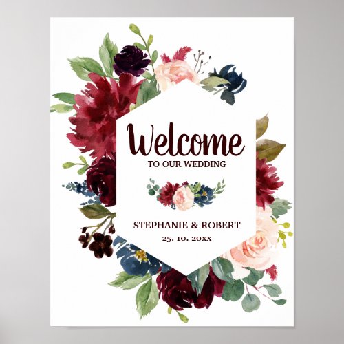 Burgundy Red Navy Floral Rustic Boho Wedding Sign