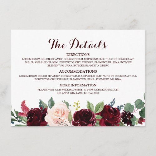 Burgundy Red Navy Floral Rustic Wedding Details Enclosure Card