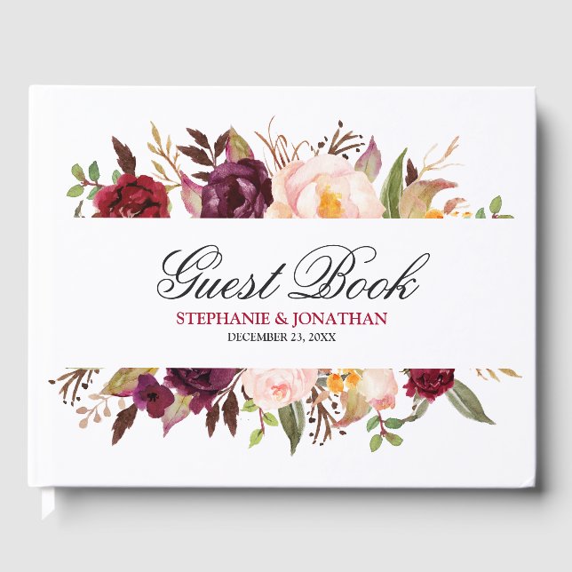 Burgundy Red Navy Floral Rustic Wedding guest book (Front)