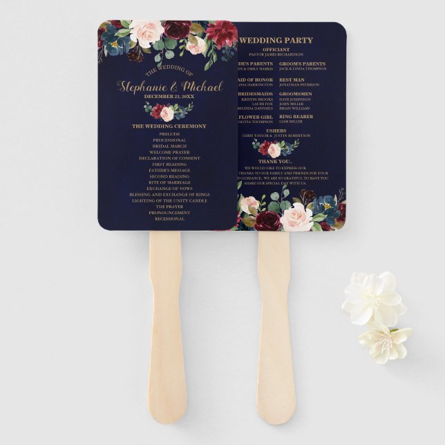 Burgundy Red Navy Floral Rustic Wedding program Hand Fan (Front and Back)