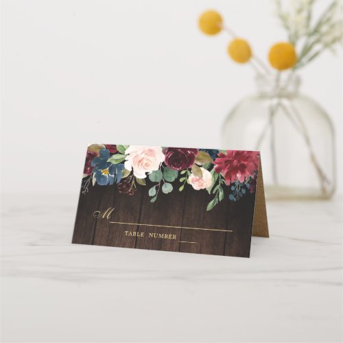 Burgundy Red Navy Floral Rustic Wooden Place Card