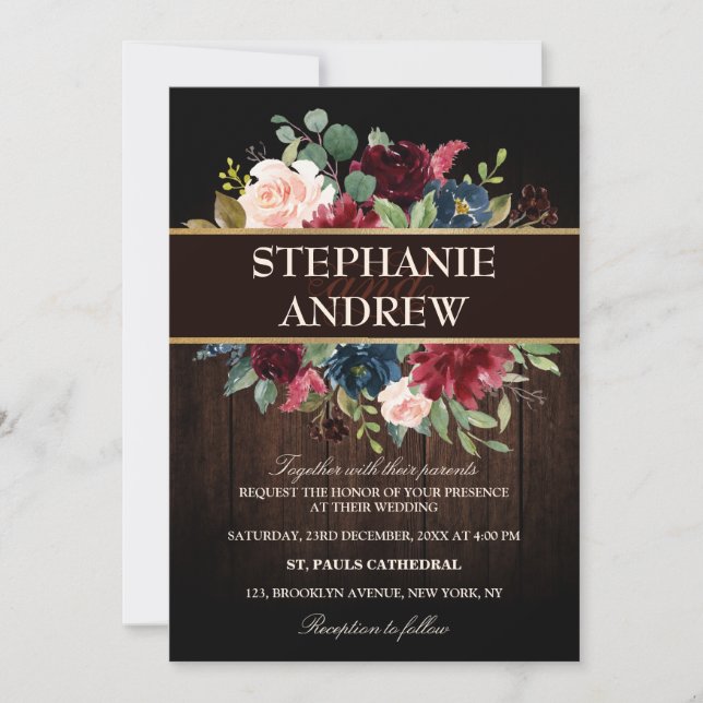 Burgundy Red Navy Floral Rustic wooden wedding Invitation (Front)