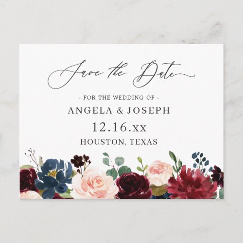 Burgundy Red Navy Floral Wedding Save the Date Postcard