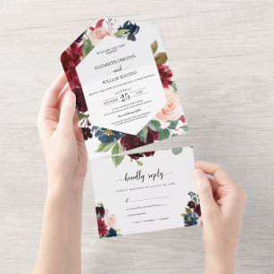 Burgundy Red Navy Floral Wedding with RSVP All In One Invitation