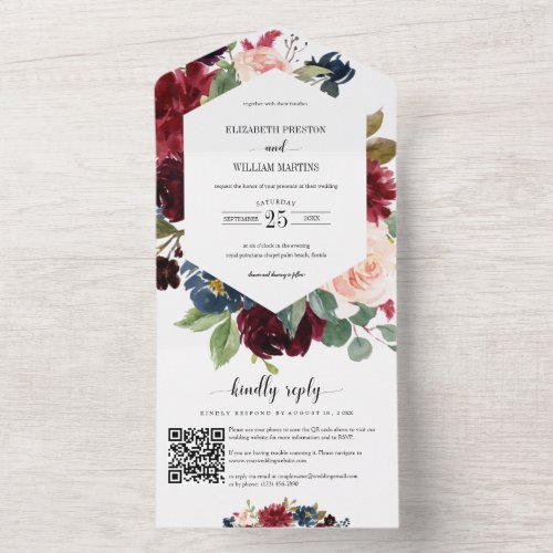 Burgundy Red Navy Floral Wedding with RSVP QR Code All In One Invitation