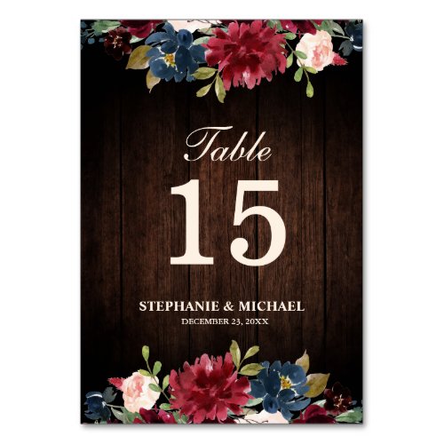 Burgundy Red Navy Floral wooden Boho Table Number - Watercolor Burgundy Red Navy Floral Rustic Boho wooden background Wedding Table Number Card with gold lettering. Perfect for a fall wedding. The design features a stunning bouquet of burgundy / Marsala , peach , navy flowers / roses with matching leaves. Please find more matching designs and variations in my "blissweddingpaperie" store. And feel free to contact me for any custom requests.