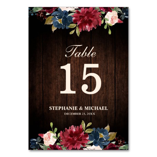 Burgundy Red Navy Floral wooden Boho Table Number (Front)