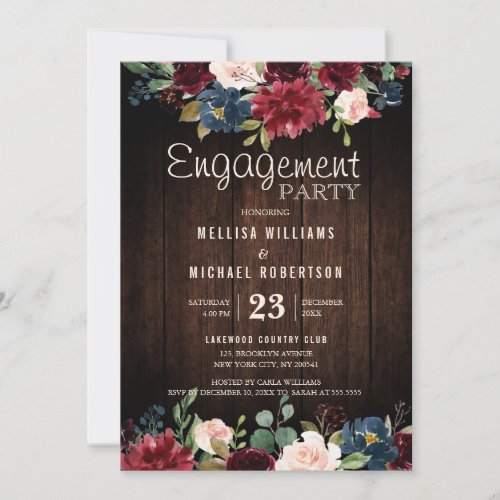 Burgundy Red Navy Floral Wooden Engagement Party Invitation - Watercolor Burgundy Red Navy Floral Rustic Boho Wedding Engagement Party Invitation Card.  Perfect for a country wedding. The design features a stunning bouquet of burgundy / Marsala , peach , navy flowers with matching leaves. Please find more matching designs and variations in my "blissweddingpaperie" store. And feel free to contact me for any custom requests.