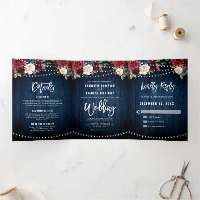 Burgundy Red Navy String Lights Trifold Wedding (Inside)