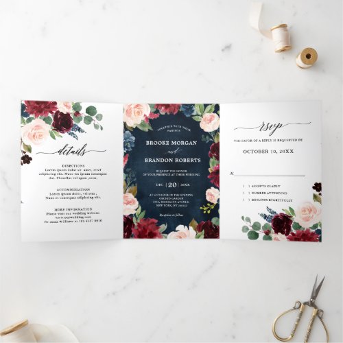 Burgundy Red Navy Trifold Wedding Invitation