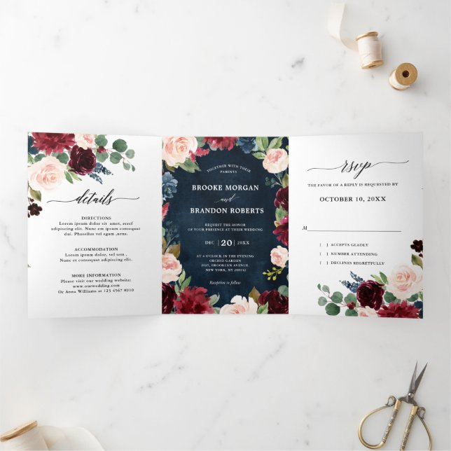Burgundy Red Navy Trifold Wedding Invitation (Inside)