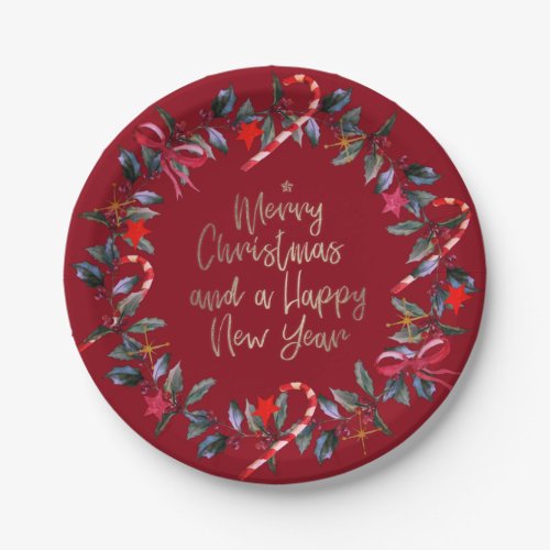 Burgundy Red Omela Christmas Wreath Paper Plates