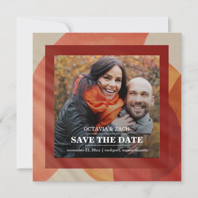 Burgundy Red Orange Pink Fall Photo Save the Date (Front)