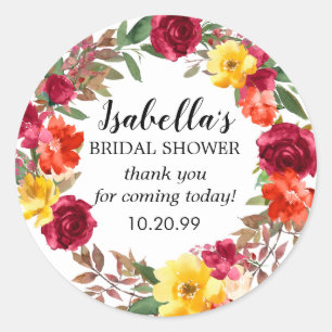 Burgundy Red Orange Yellow Floral Bridal Shower Classic Round Sticker