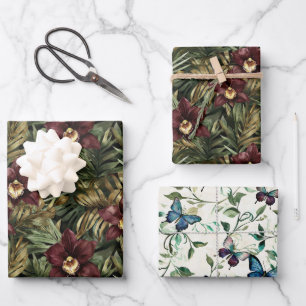 Burgundy Red Orchid Floral Butterfly Bridal Shower Wrapping Paper Sheets