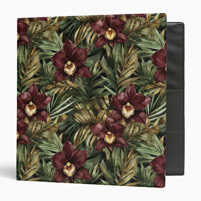 Burgundy Red Orchid Floral Tropical  3 Ring Binder (Front/Inside)