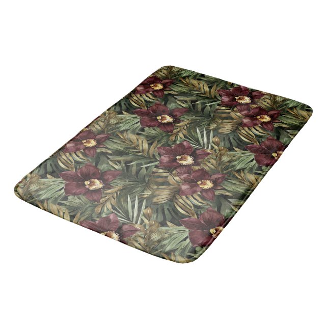 Burgundy Red Orchid Floral Tropical  Bath Mat (Angled)