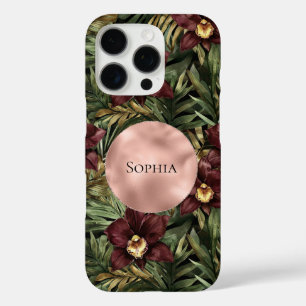 Burgundy Red Orchid Floral Tropical Rose Gold Glam iPhone 16 Pro Case