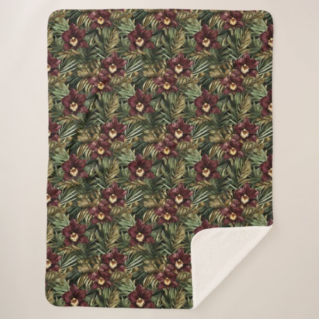 Burgundy Red Orchid Floral Tropical  Sherpa Blanket (Front)