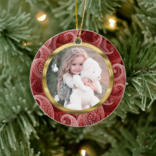 Burgundy Red Paisley Custom Photo and Text Ceramic Ornament