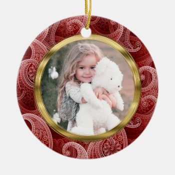 Burgundy Red Paisley Custom Photo And Text Ceramic Ornament by DP_Holidays at Zazzle
