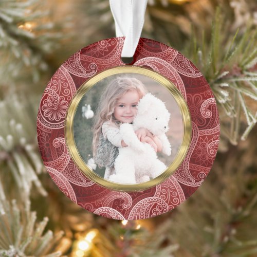 Burgundy Red Paisley Custom Photo and Text Ornament