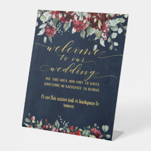 Burgundy Red Peony & Gold Fancy Font Calligraphy Pedestal Sign