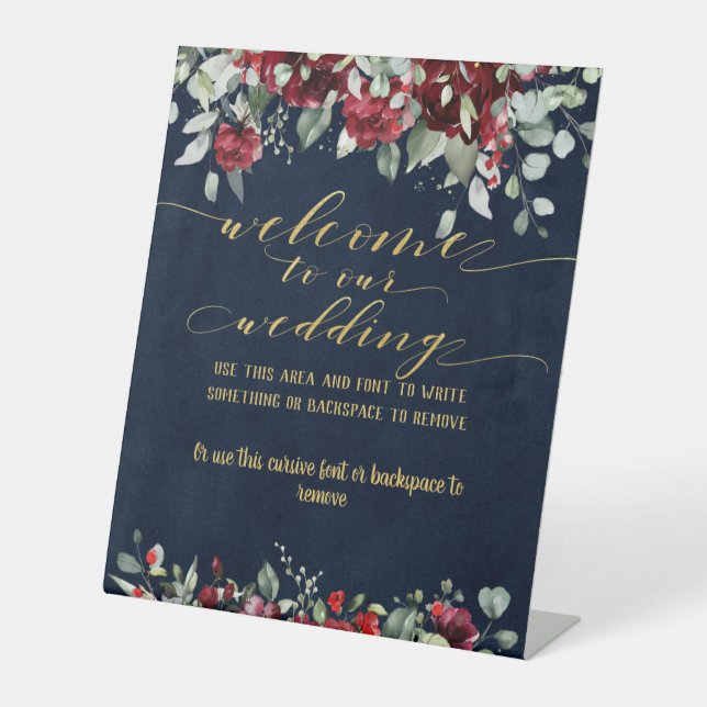 Burgundy Red Peony & Gold Fancy Font Calligraphy Pedestal Sign (Front)